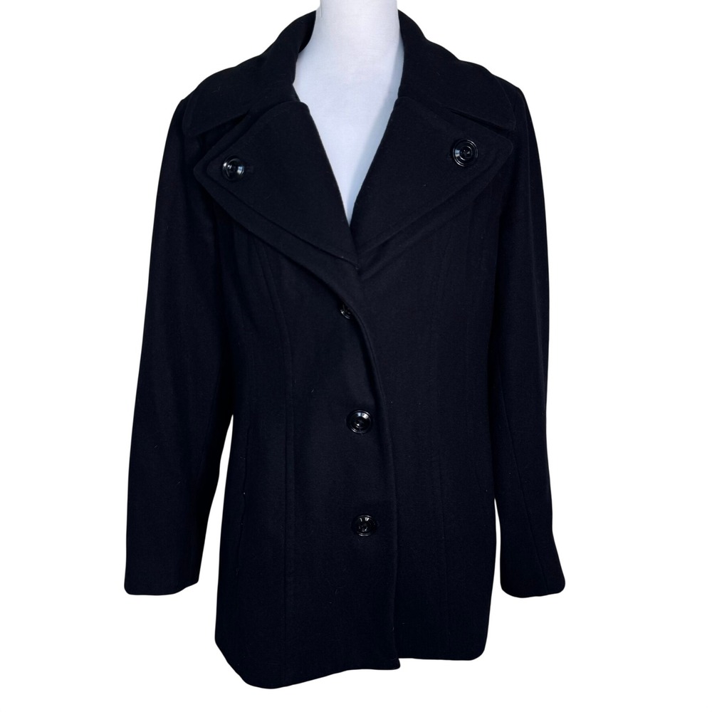 LONDON FOG Women's Large Black Wool Blend Button Front Peacoat Jacket Pockets